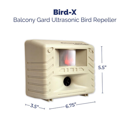 Bird-X Balcón Gard, preventor ultrasónico de pájaros, señuelo para pájaros al aire última intervensión con sensor de movimiento, fácil de instalar, cubre hasta 900 m2 Pies, frecuencia de 15 a 25 kHz,