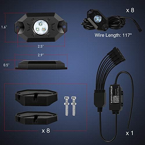 Nilight Kit de 8 Luces LED RGB Rock RL07H, Multicolor, Bluetooth, Modo Música, IP68, para ATV/UTV