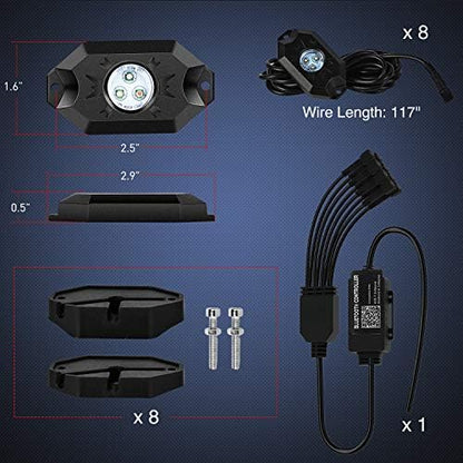 Nilight Kit de 8 Luces LED RGB Rock RL07H, Multicolor, Bluetooth, Modo Música, IP68, para ATV/UTV