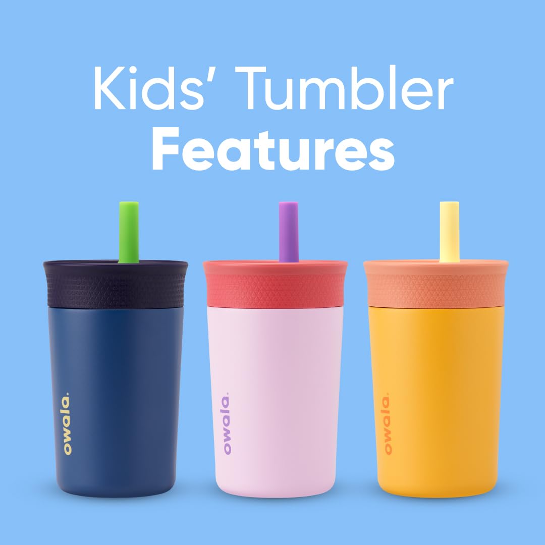 Owala - Vaso aislante de acero inoxidable para niños, con popote flexible resistente a derrames, fácil de limpiar, botella de agua para niños, ideal para viajes, apto para lavaplatos, 12 onzas, rosa y morado (cohete lila)