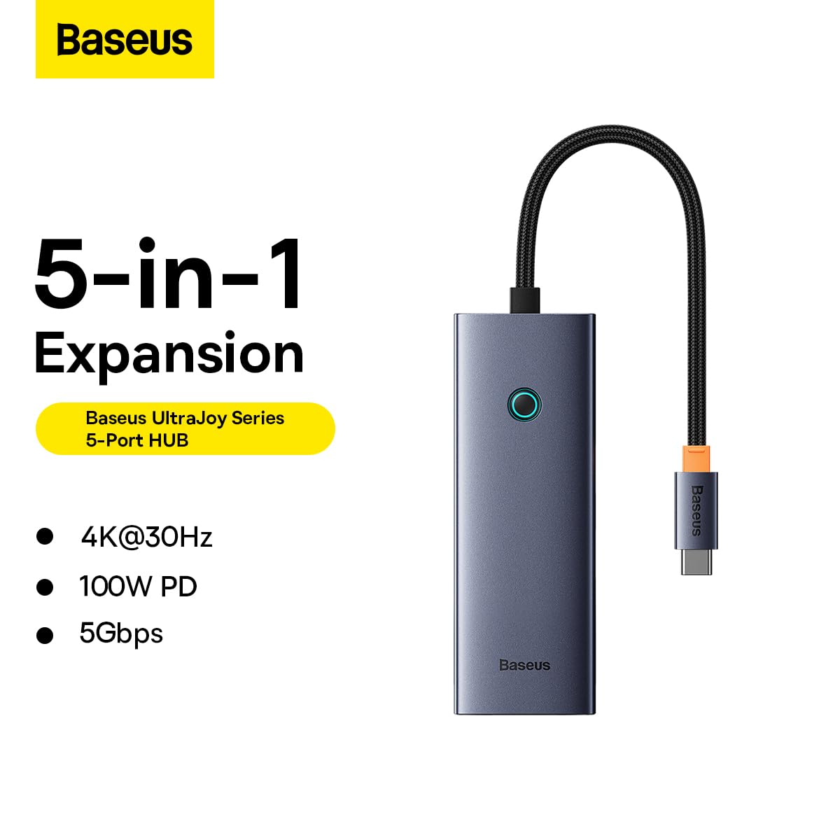 Baseus UltraJoy Series, HUB 5 en 1 Adaptador a HDMI 4K@30Hz + 3 USB 3.0 + 1 PD Carga Tipo C 100w
