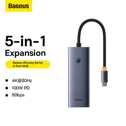 Baseus UltraJoy Series, HUB 5 en 1 Adaptador a HDMI 4K@30Hz + 3 USB 3.0 + 1 PD Carga Tipo C 100w