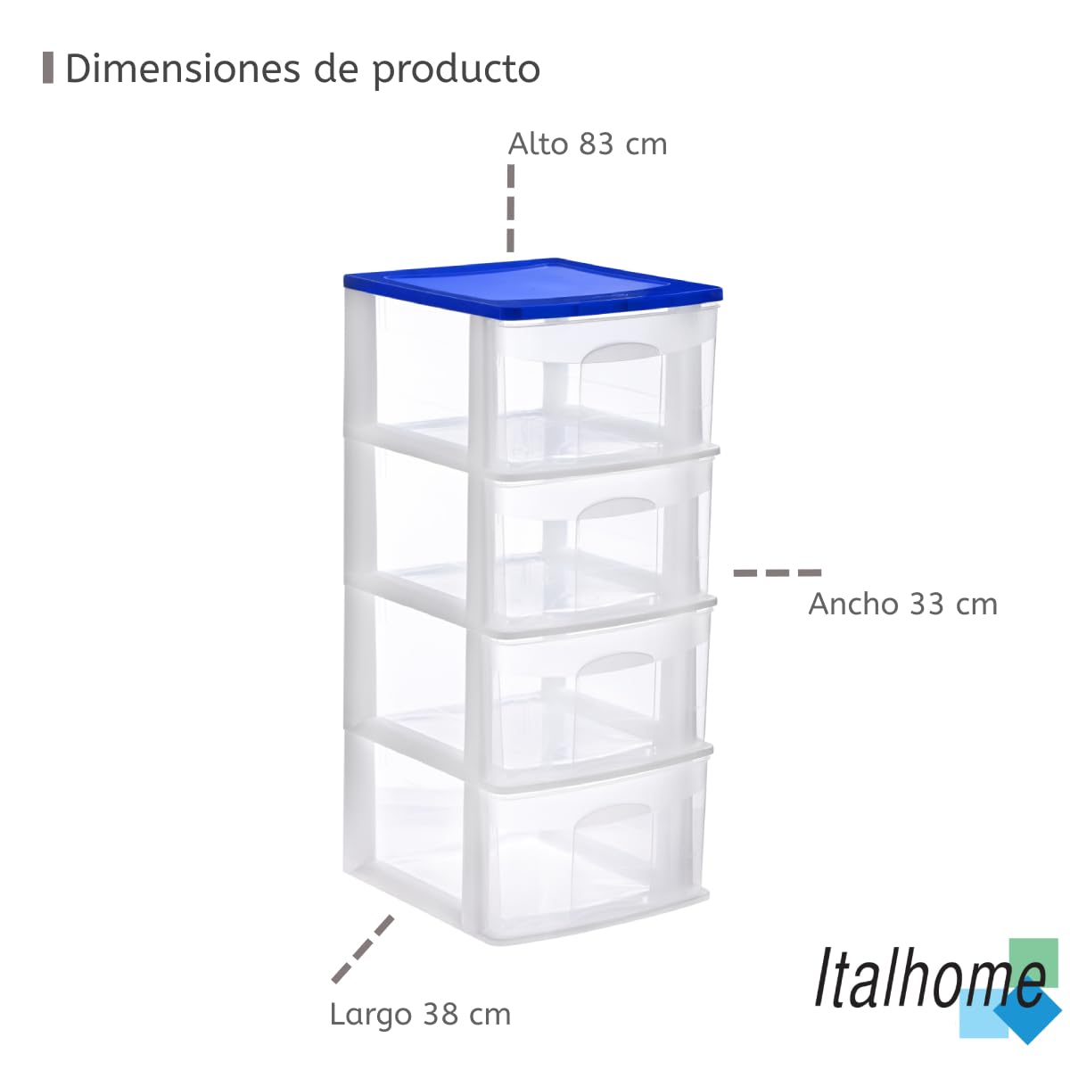 Italhome Cajonera FOX 4 de Plástico 4 Cajones Transparentes, Organizador Multiusos para Hogar y Oficina, Mueble Ligero Resistente, Fácil Limpieza, Color Azul