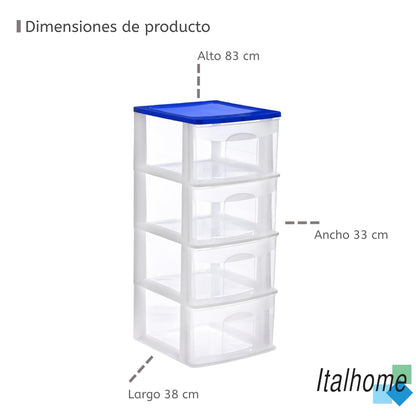 Italhome Cajonera FOX 4 de Plástico 4 Cajones Transparentes, Organizador Multiusos para Hogar y Oficina, Mueble Ligero Resistente, Fácil Limpieza, Color Azul