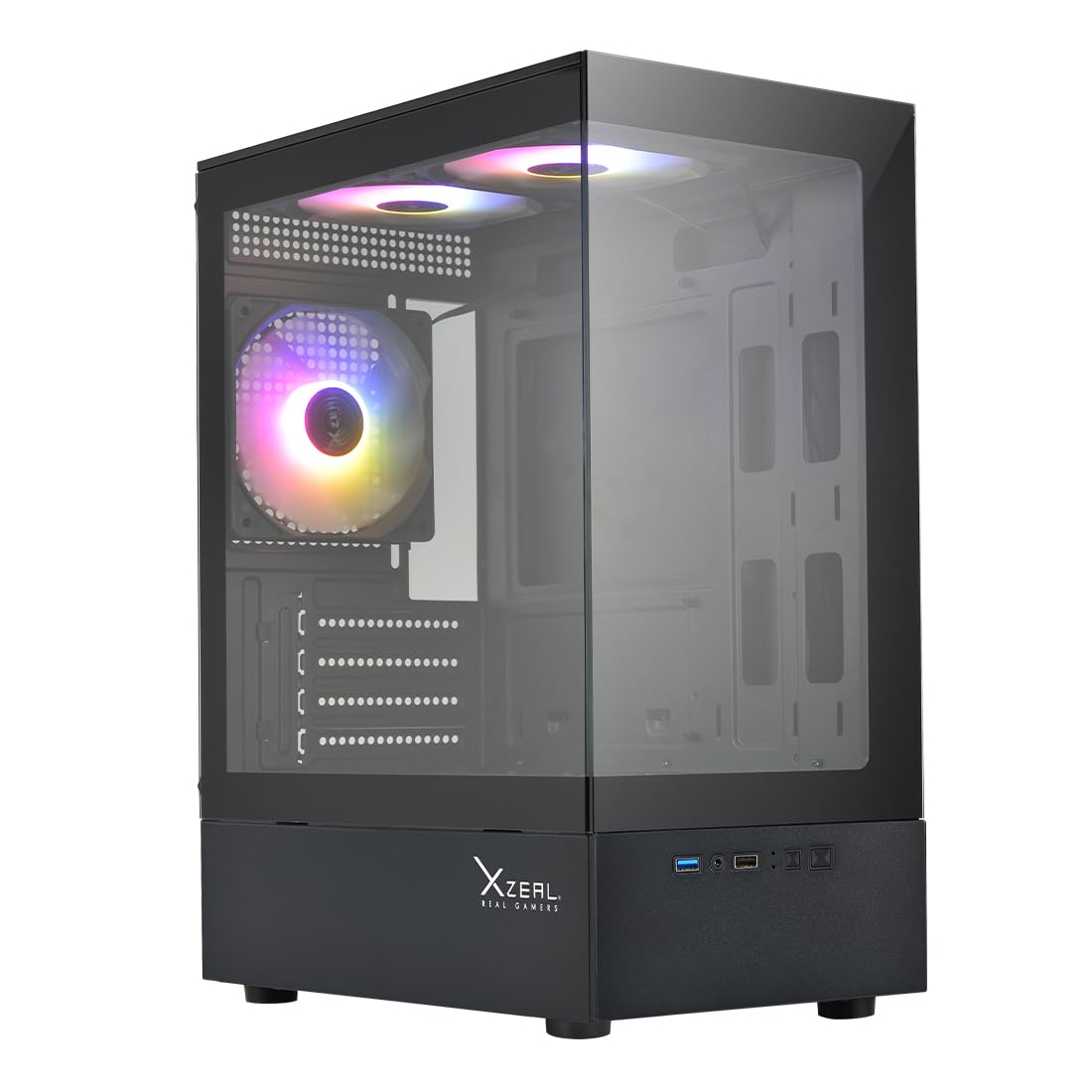 Gabinete Xzeal X-Zynergy M-ATX/ITX 1xUSB1.0 + 1x USB3.0 + 3.5 mm + 3 Fans RGB Negro