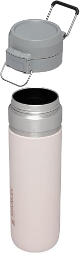 Stanley Quick Flip GO - Botella de agua de 24 onzas, tapa de botón a presión, a prueba de fugas y plegable para viajes y deportes, acero inoxidable aislado, sin BPA, cuarzo rosa
