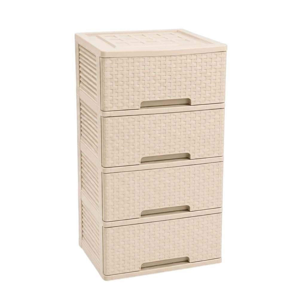 Cajonera Organizadora de Plástico 4 Niveles Color Beige Tipo Ratán | Mueble Multiusos para Hogar. Beige
