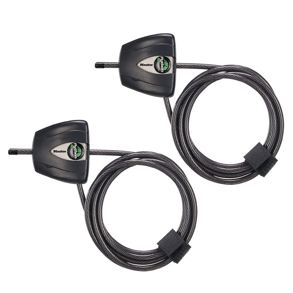 Master Lock 8417T - Candado de cable de acero Python negro con llaves, cámara de rastro antirrobo y cable de bloqueo de kayak, paquete de 2 unidades
