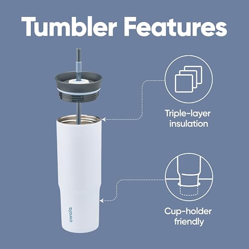 Owala Vaso de viaje de acero inoxidable de triple capa aislada con tapa resistente a derrames, popote y asa, libre de BPA, 40 oz, Gris/Azul (El Gran Azul)