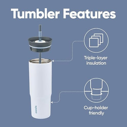 Owala Vaso de viaje de acero inoxidable de triple capa aislada con tapa resistente a derrames, popote y asa, libre de BPA, 40 oz, Gris/Azul (El Gran Azul)