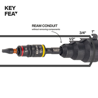 KLEIN TOOLS 85191HD | Escariador Conductos 3 En 1 | Uso Impacto | 1/2 Y 3/4 | Escaria tubos de 1/2 y 3/4 pulgadas con una herramienta 3 en 1 de impacto, con conexión rápida para dados integrada.