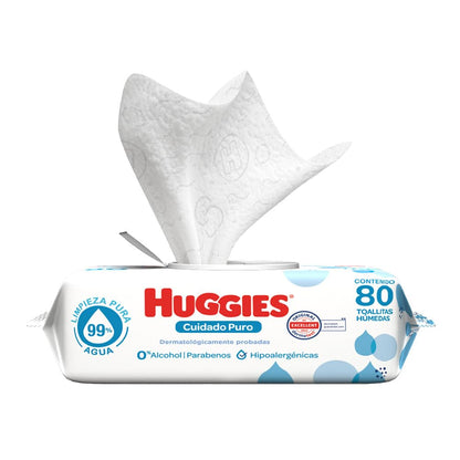 Huggies Cuidado Puro Toallas Húmedas para Bebé, Caja con 640 Piezas (8 paquetes de 80 toallitas c/u)
