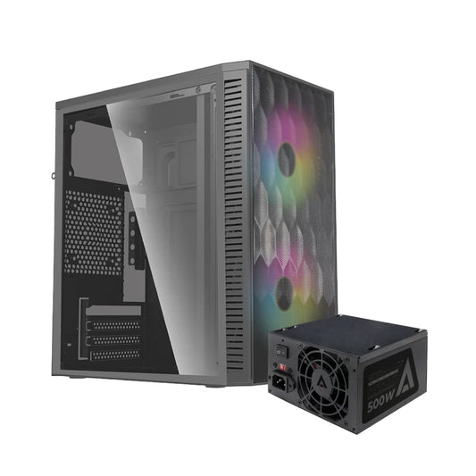 Gabinete Compacto Mini Torre Fuji GC470 / MAX MB M-ATX Fuente ATX 500w / 1xUSB 3.0 + 2xFan RGB/Panel Izq Acrilico + Frente Malla/Negro