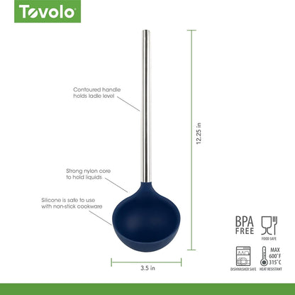 Tovolo - Cucharón de silicona con mango de acero inoxidable para cocinar enlatado, servir sopa, sopa, salsa, cuchara grande para utensilios de cocina, apto para lavaplatos, silicona sin BPA, índigo