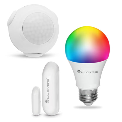 Lloyd's Kit Inicial para Casa Inteligente con Sensor Magnético, Sensor de Movimiento y Foco Inteligente RGB + CCT, Luz de color y Luz Blanca Fría y Cálida