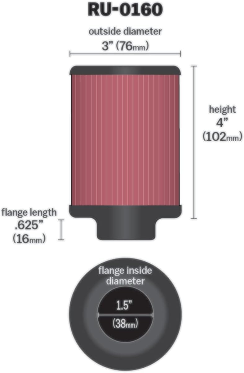 K&N Filtro de Aire Universal RU-0160, Lavable, 1.5 in Brida, Negro