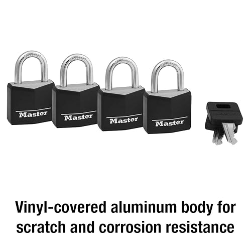 Master Lock Candado recubierto de aluminio, 3 cm de ancho, negro, 131T, Paquete de 4, 1-3/16 in. W, Negro