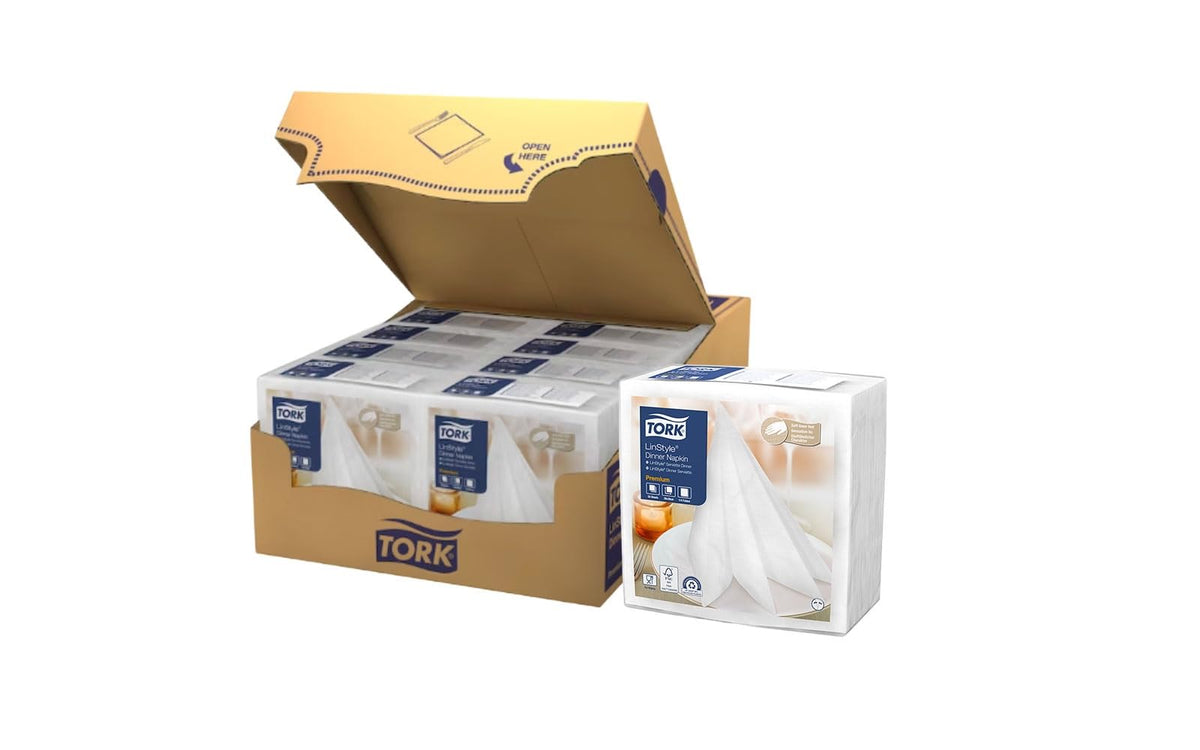 Tork Servilletas de Papel Premium LinStyle Sensación Tela – Servilleta Desechable Elegante para Mesa Restaurante y Eventos, 19.5x19.5 cm, Blanca – 12 Paquetes x 50 Piezas (600 Piezas)