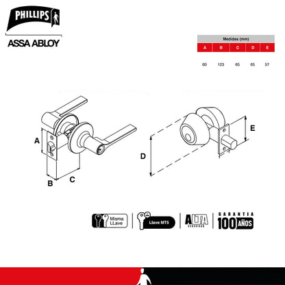 Phillips Combo Cerrojo/Manija Fresno Alta Seguridad Para Entrada LLave-Llave Negro