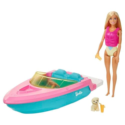 Barbie, Set de Juego Bote Acuático con Muñeca y Perrito, Lancha Flotante con Accesorios Plug-and-Play, para Niñas de 3 Años en Adelante