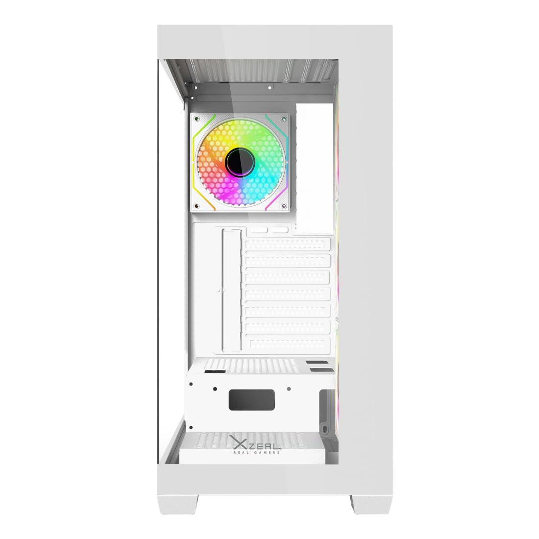 Gabinete Gamer Mid Tower Xzeal ATX Panel Der. Vidrio + Metal 2xUSB1.0 + 1xUSD3.0 + 3.5 mm + 4 ARGB Fans + 1 HUB Blanco