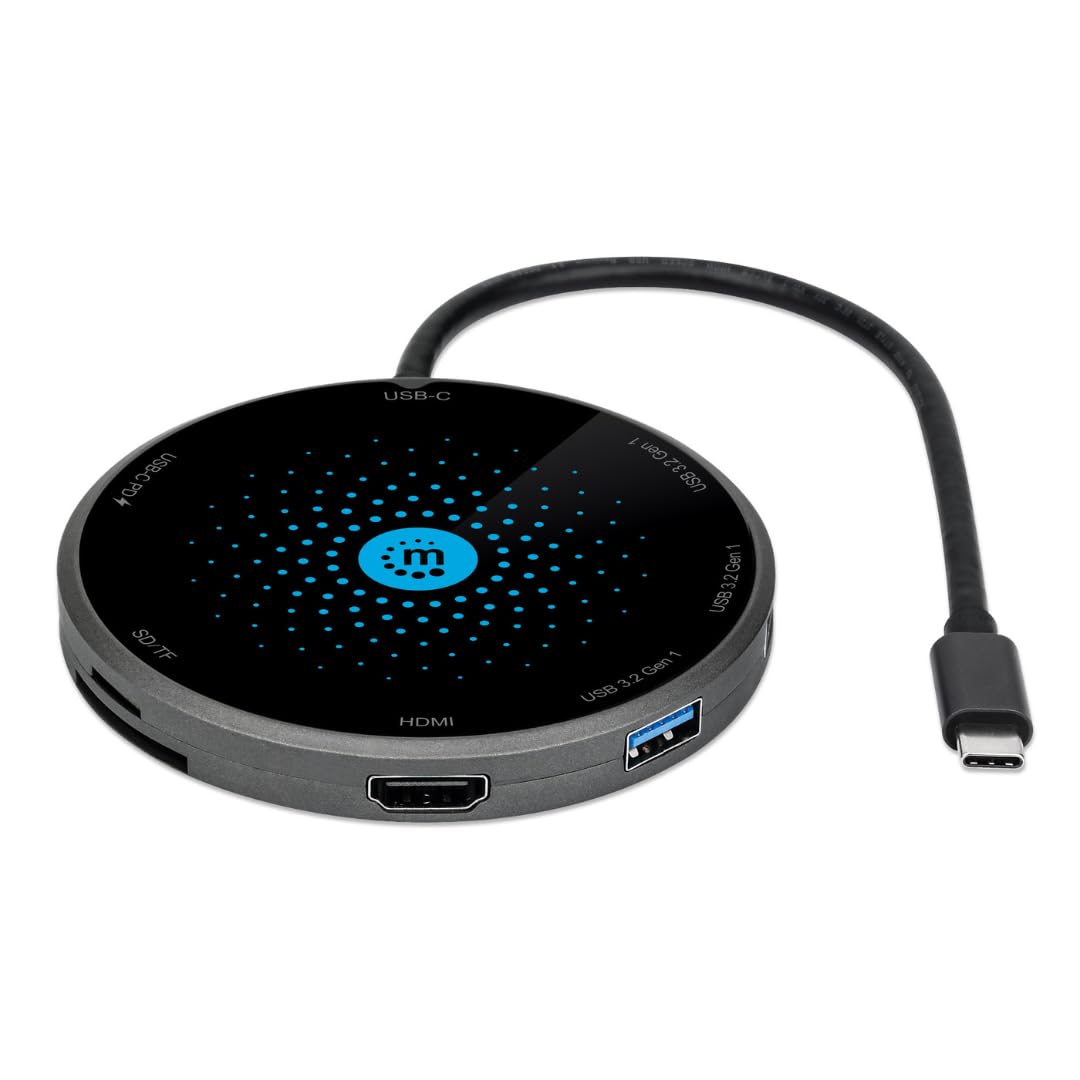 Manhattan 166560 Docking USB-C con Base de Carga inalámbrica, Cable con USB-C Macho a Base Docking con un Puerto HDMI, un Puerto USB-C Hembra PD, 3 Puertos USB-A, Lector de Tarjetas
