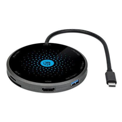Manhattan 166560 Docking USB-C con Base de Carga inalámbrica, Cable con USB-C Macho a Base Docking con un Puerto HDMI, un Puerto USB-C Hembra PD, 3 Puertos USB-A, Lector de Tarjetas