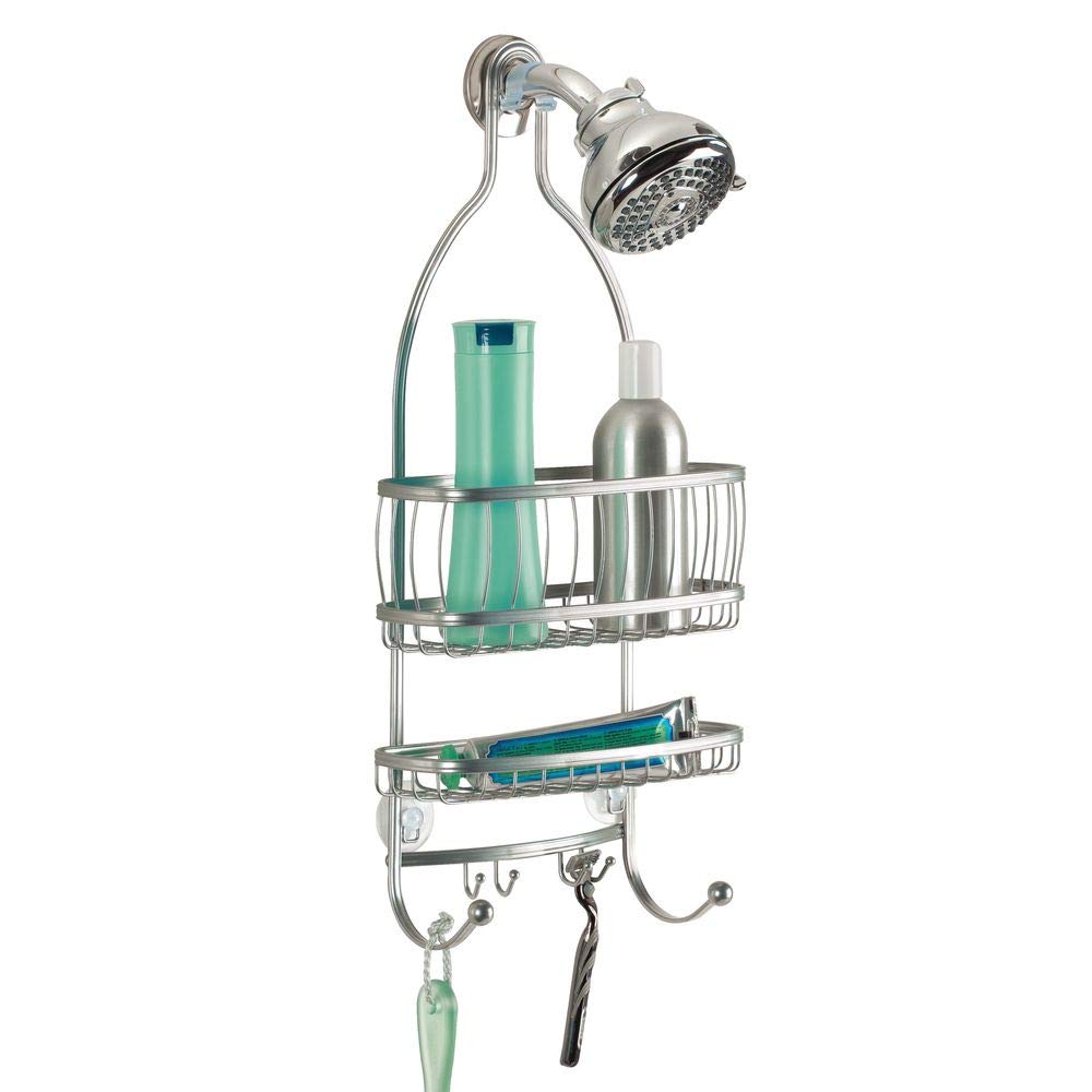 InterDesign York Lyra Shower Caddy, Satin | Espacio extra amplio, 9.75 x 4 x 22 pulgadas, ganchos para maquinillas de afeitar, toallas, champú, acondicionador, jabón - Plata