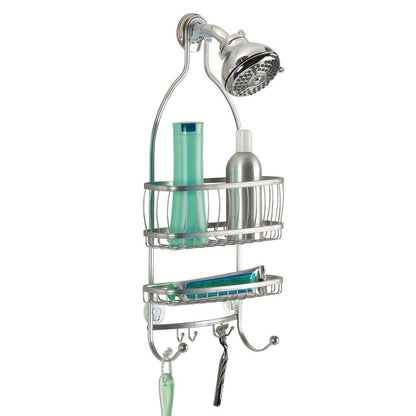 InterDesign York Lyra Shower Caddy, Satin | Espacio extra amplio, 9.75 x 4 x 22 pulgadas, ganchos para maquinillas de afeitar, toallas, champú, acondicionador, jabón - Plata