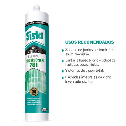 Sista 781 Construcción, sellador monocomponente 100% silicón de curado acético y de alto desempeño, formulado para garantizar máxima adherencia al vidrio y aluminio, 1X300ml