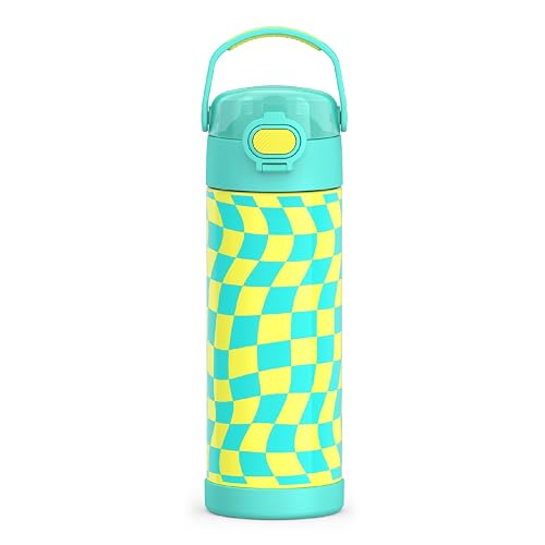 THERMOS - Botella Funtainer aislada al vacío, de acero inoxidable, de 473 ml, con tapa ancha de boquilla, color verde azulado con cuadros ondulados