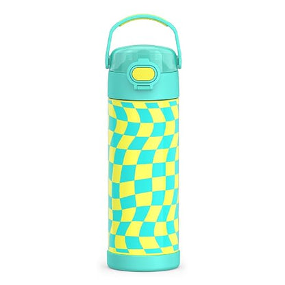 THERMOS - Botella Funtainer aislada al vacío, de acero inoxidable, de 473 ml, con tapa ancha de boquilla, color verde azulado con cuadros ondulados