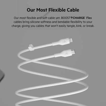 Belkin BoostCharge Flex Cable de silicona USB-C a Lightning (2 m, 6.6 pies), cable de carga certificado MFi para iPhone Series con clip de cable, color blanco
