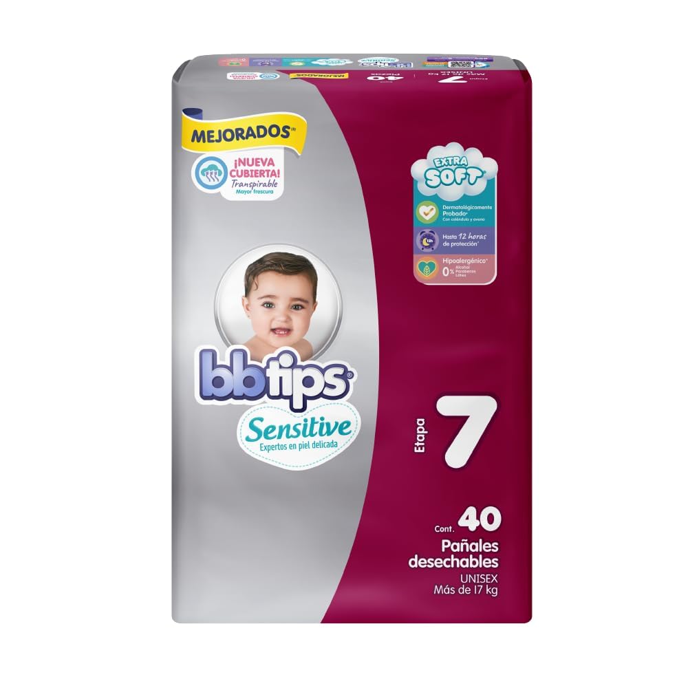 BBtips Sensitive Pañales Talla 7/XXL Grande - 4 Bolsas x 40 Pañales c/u, Total: 160 Pañales