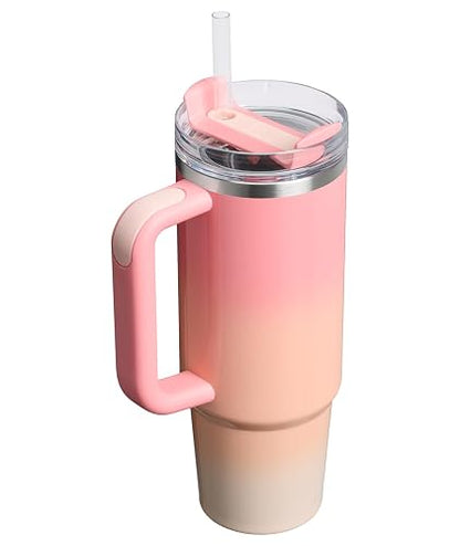 STANLEY - Vaso con asa y popote de 30 onzas, tapa Flowstate de 3 posiciones, compatible para viajes, taza de acero inoxidable aislada, sin BPA, puesta de sol de mesa rosa