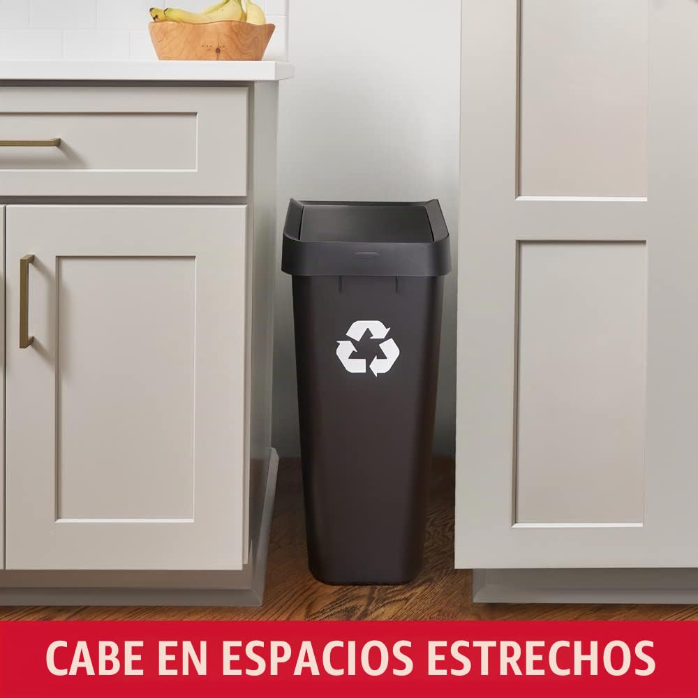 Rubbermaid – Contenedor de Reciclaje con Tapa Abatible que Facilita Clasificar los Residuos, Bote de Perfil Delgado para Cocina, Lavandería y Despensa, Capacidad de hasta 46 L, Negro 2170114