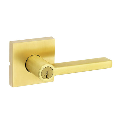 Kwikset Halifax - Manija de puerta de entrada con cerradura y llave, palanca reversible con llave segura, exterior, para entrada frontal y dormitorios, latón satinado, resistente a las púas Smartkey Rekey Security y Microban