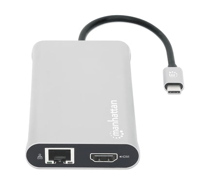 Manhattan Docking Station USB C para Triple Monitor HDMI 4K, Hub 12 en 1 con Ethernet, Carga PD 100W, USB-C de Datos y Lector SD para Laptop, MacBook, DELL, HP y Windows, Gris Espacial, 130660