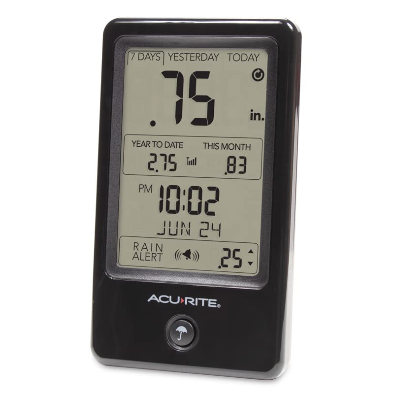 AcuRite - Medidor de Lluvia inalámbrico con colector de Lluvia autovaciado con historial de Lluvia, alertas y Fecha y Hora Actuales (02446M)