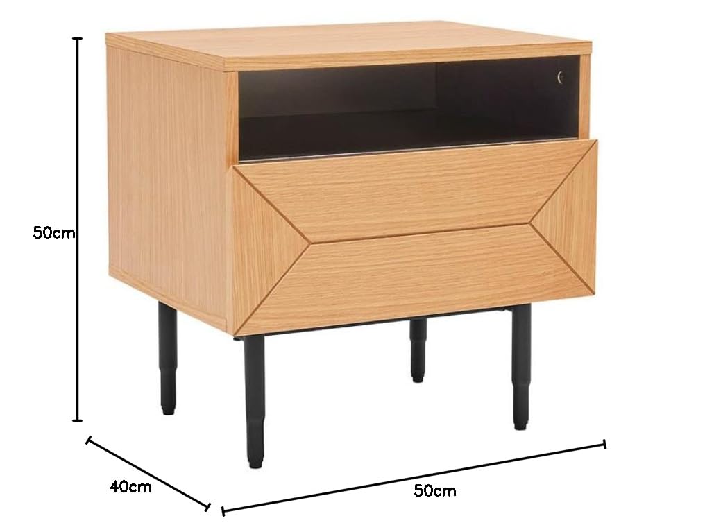 Buró Mobica Visby Moderno de Chapa de Roble con Espacio Laminado Negro, Acabado en Laca, Patas de Metal, 50 cm
