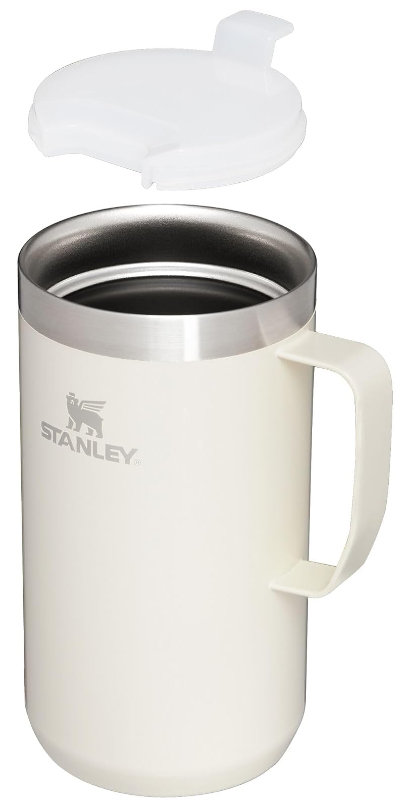 Stanley Stay Hot Camp - Taza aislada de acero inoxidable 18/8 duradera, tapa Tritan™ sin salpicaduras, 24 onzas, color crema brillante