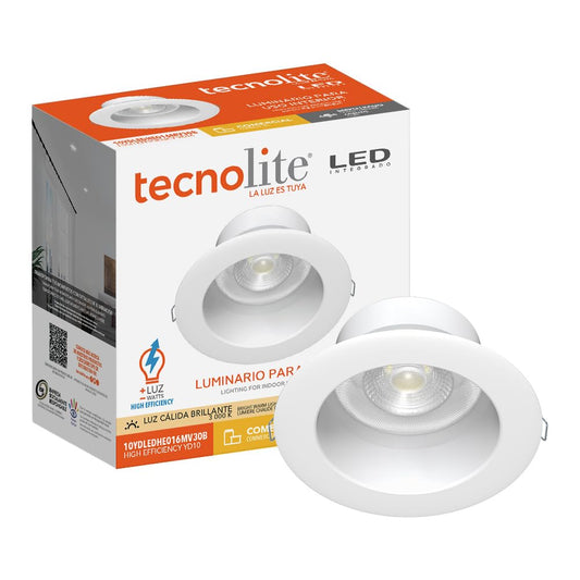 Tecnolite - Lámpara Empotrable de Techo Downlight LED 10 W, Luz Cálida Brillante, No atenuable, Multivoltaje