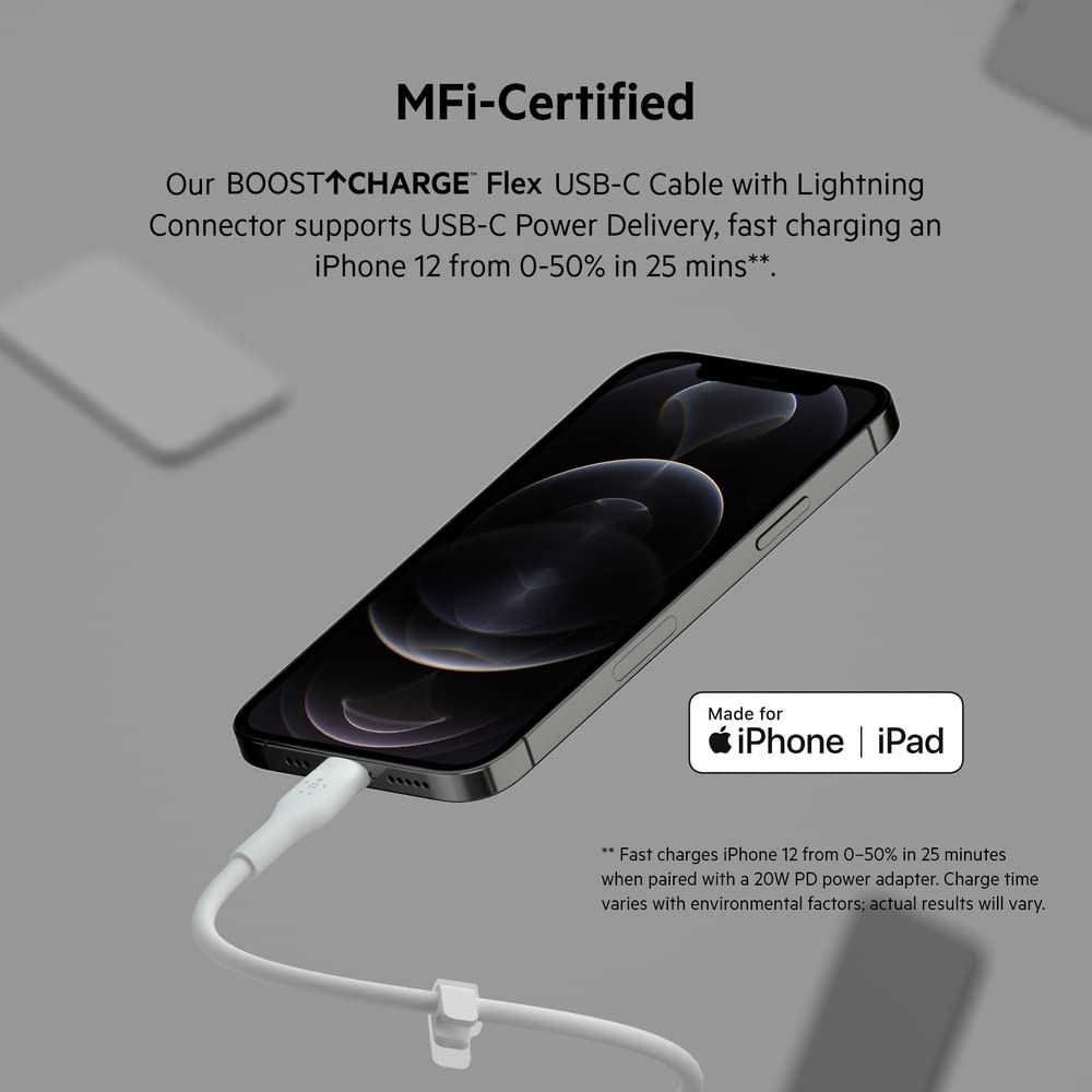 Belkin BoostCharge Flex Cable de silicona USB-C a Lightning (2 m, 6.6 pies), cable de carga certificado MFi para iPhone Series con clip de cable, color blanco