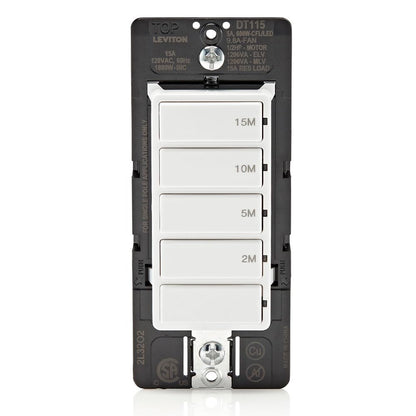 Leviton DT115-1LW - Interruptor de temporizador de cuenta regresiva para luces domésticas de baño, 2-5-10-15 minutos, no requiere neutro, un solo polo, 15A, 1/2 HP/9.8A ventilador/motor, blanco, 15