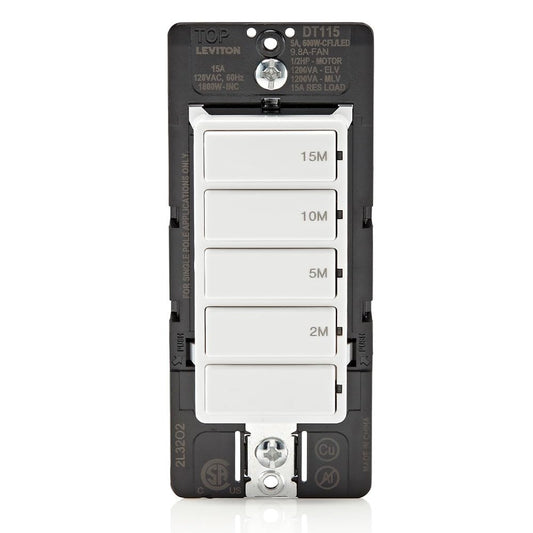 Leviton DT115-1LW - Interruptor de temporizador de cuenta regresiva para luces domésticas de baño, 2-5-10-15 minutos, no requiere neutro, un solo polo, 15A, 1/2 HP/9.8A ventilador/motor, blanco, 15