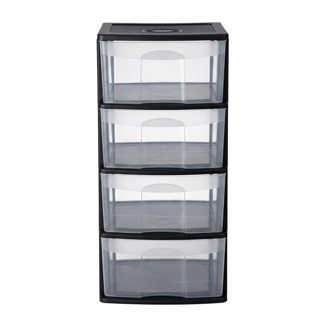 Italhome Cajonera ONYX 4 de Plástico Negra con 4 Cajones Transparentes, Organizador Multiusos para Recámara, Oficina o Cocina