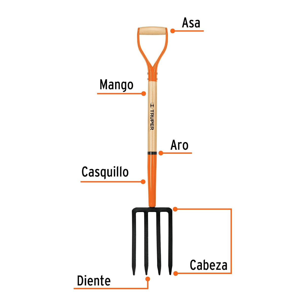 Truper BJ-4, Bieldo para jardín, 4 dientes, puño "Y", mango 30"