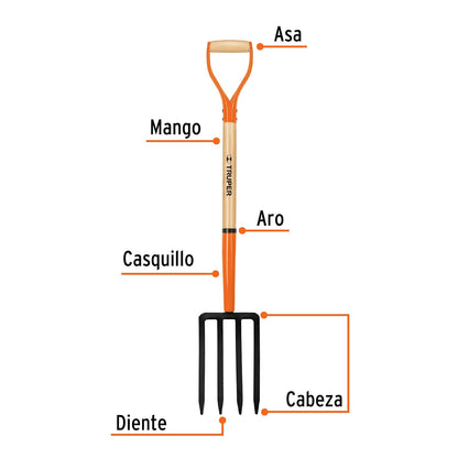 Truper BJ-4, Bieldo para jardín, 4 dientes, puño "Y", mango 30"