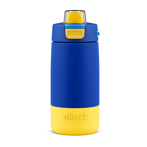 Ello - Botella de agua aislante Kids Colby de acero inoxidable de 12 onzas con popote y posavasos de silicona incorporado (azul/naranja)