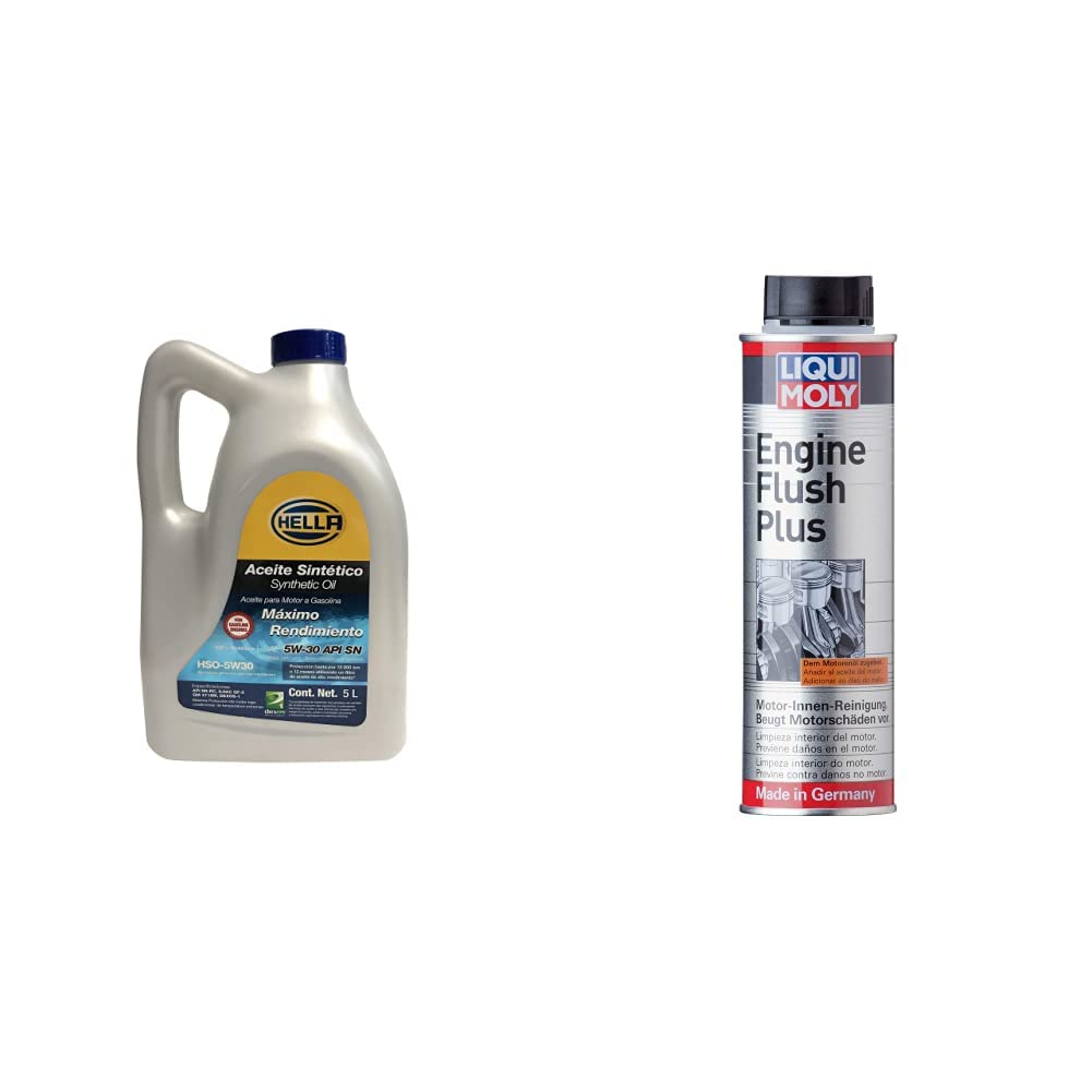 Hella Aceite 100% Sintético Para Motor A Gasolina 5W30, Garrafa De 5 Litros + Engine Flush Plus Lavador interno de Motor.